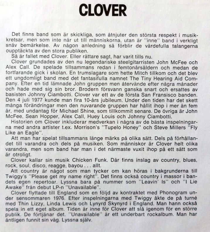 Swedish Liner Notes Clover EP